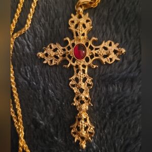 Vintage Avon Gold Cross Pendant with Red Accent